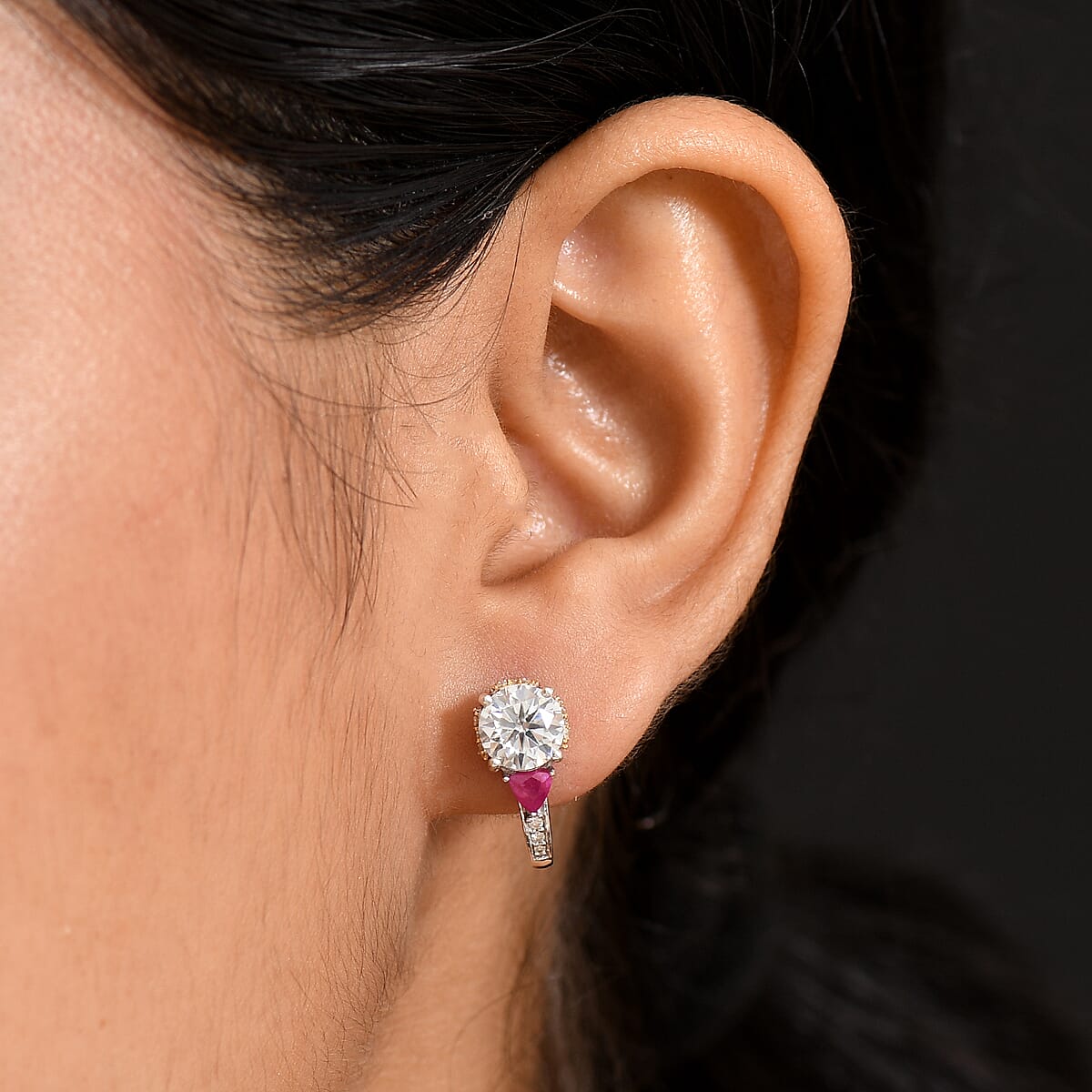 D'Joy Heart and Arrow Cut Moissanite and Niassa Ruby (FF) 3.50 ctw J-Hoop Earrings in 18K Vermeil YG and Rhodium Over Sterling Silver image number 2
