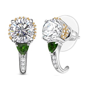 D'Joy Heart and Arrow Cut Moissanite and Chrome Diopside 3.30 ctw J-Hoop Earrings in 18K Vermeil YG and Rhodium Over Sterling Silver