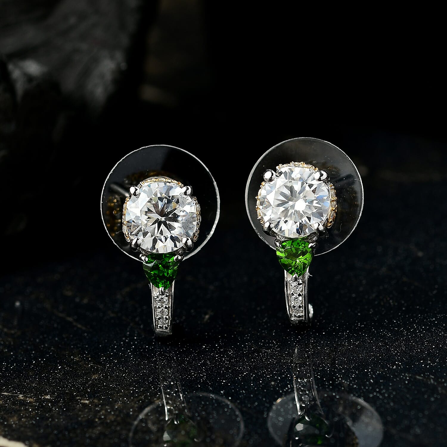 D'Joy Heart and Arrow Cut Moissanite and Chrome Diopside 3.30 ctw J-Hoop Earrings in 18K Vermeil YG and Rhodium Over Sterling Silver
