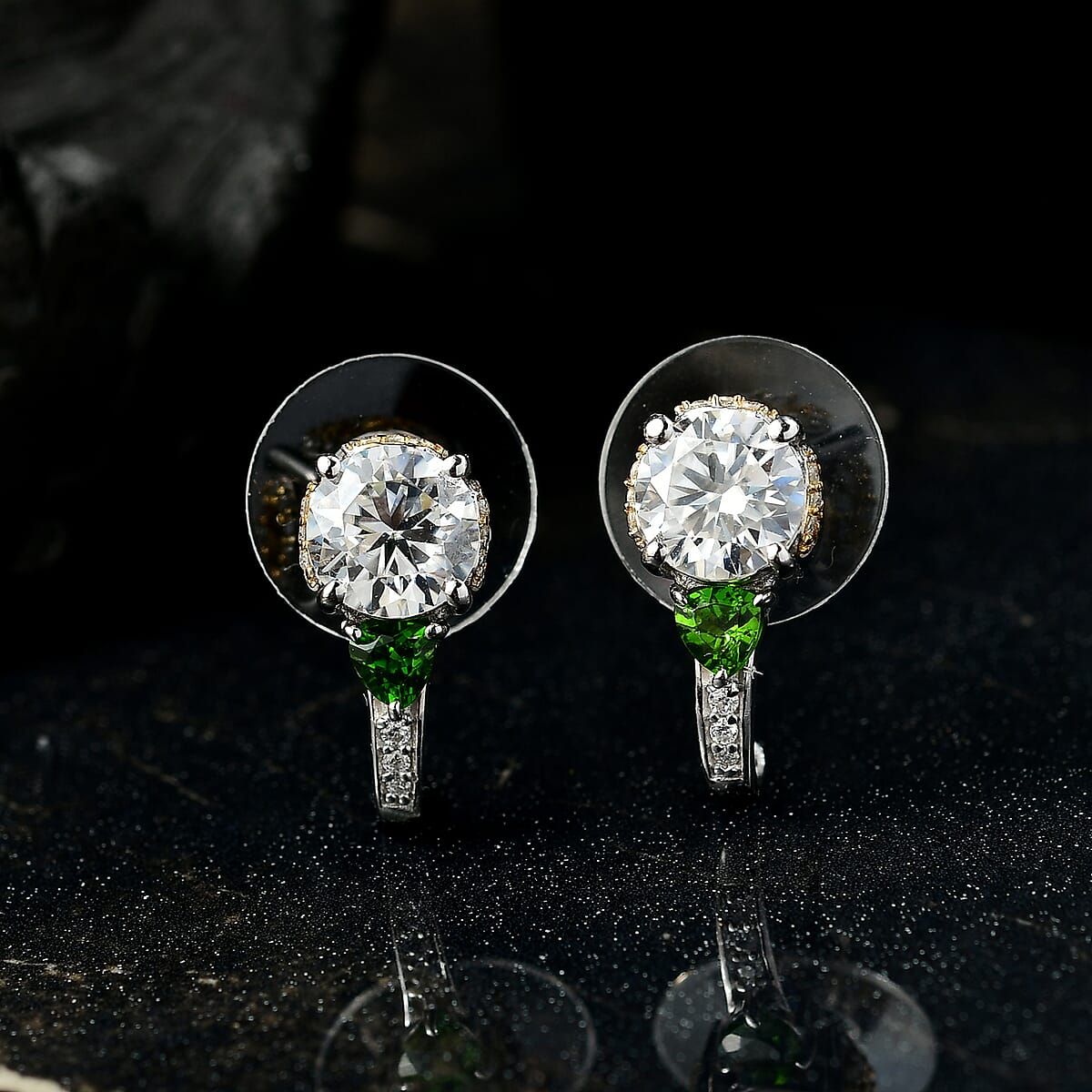 D'Joy Heart and Arrow Cut Moissanite and Chrome Diopside 3.30 ctw J-Hoop Earrings in 18K Vermeil YG and Rhodium Over Sterling Silver image number 1