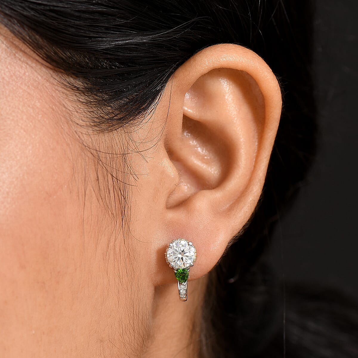 D'Joy Heart and Arrow Cut Moissanite and Chrome Diopside 3.30 ctw J-Hoop Earrings in 18K Vermeil YG and Rhodium Over Sterling Silver image number 2