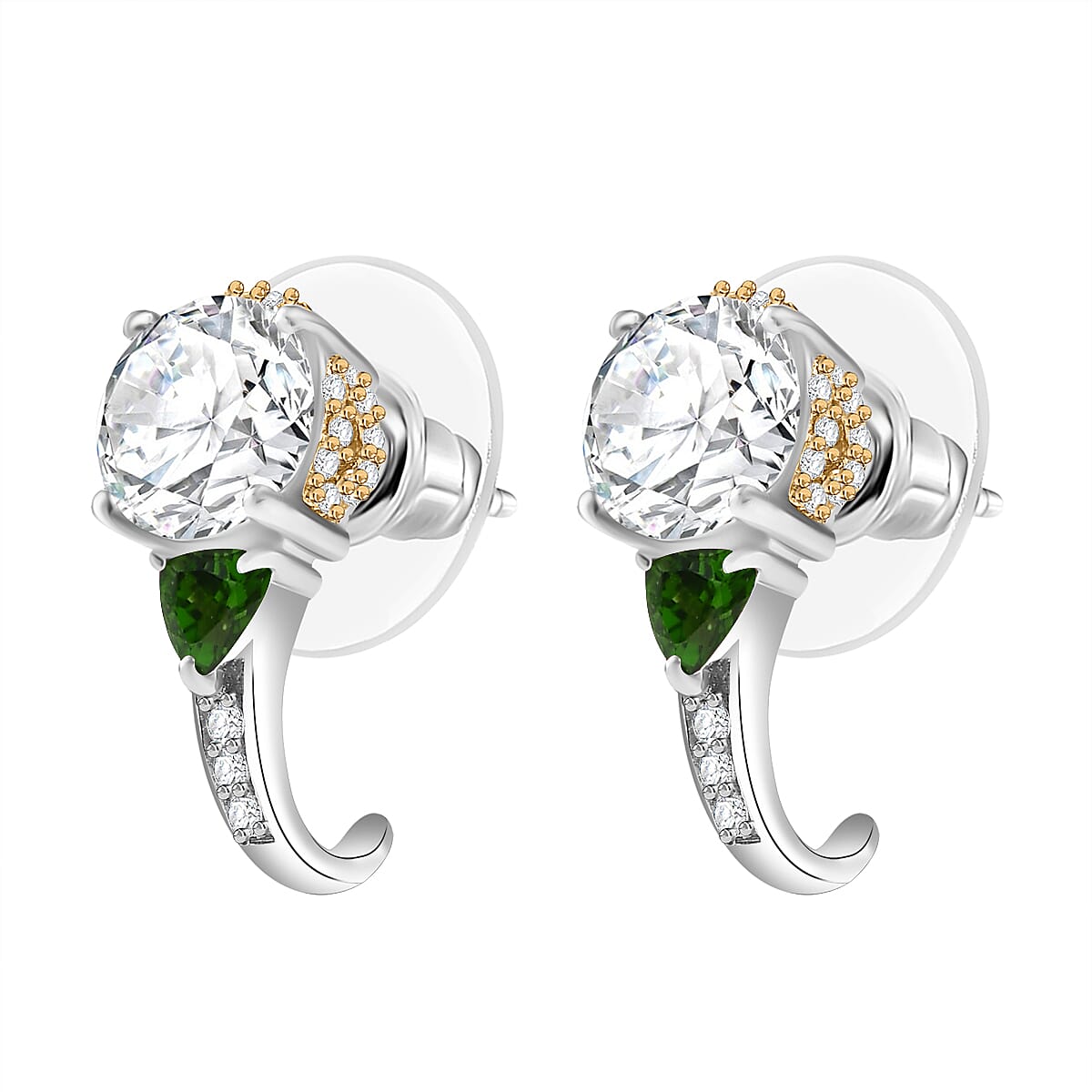 D'Joy Heart and Arrow Cut Moissanite and Chrome Diopside 3.30 ctw J-Hoop Earrings in 18K Vermeil YG and Rhodium Over Sterling Silver image number 3