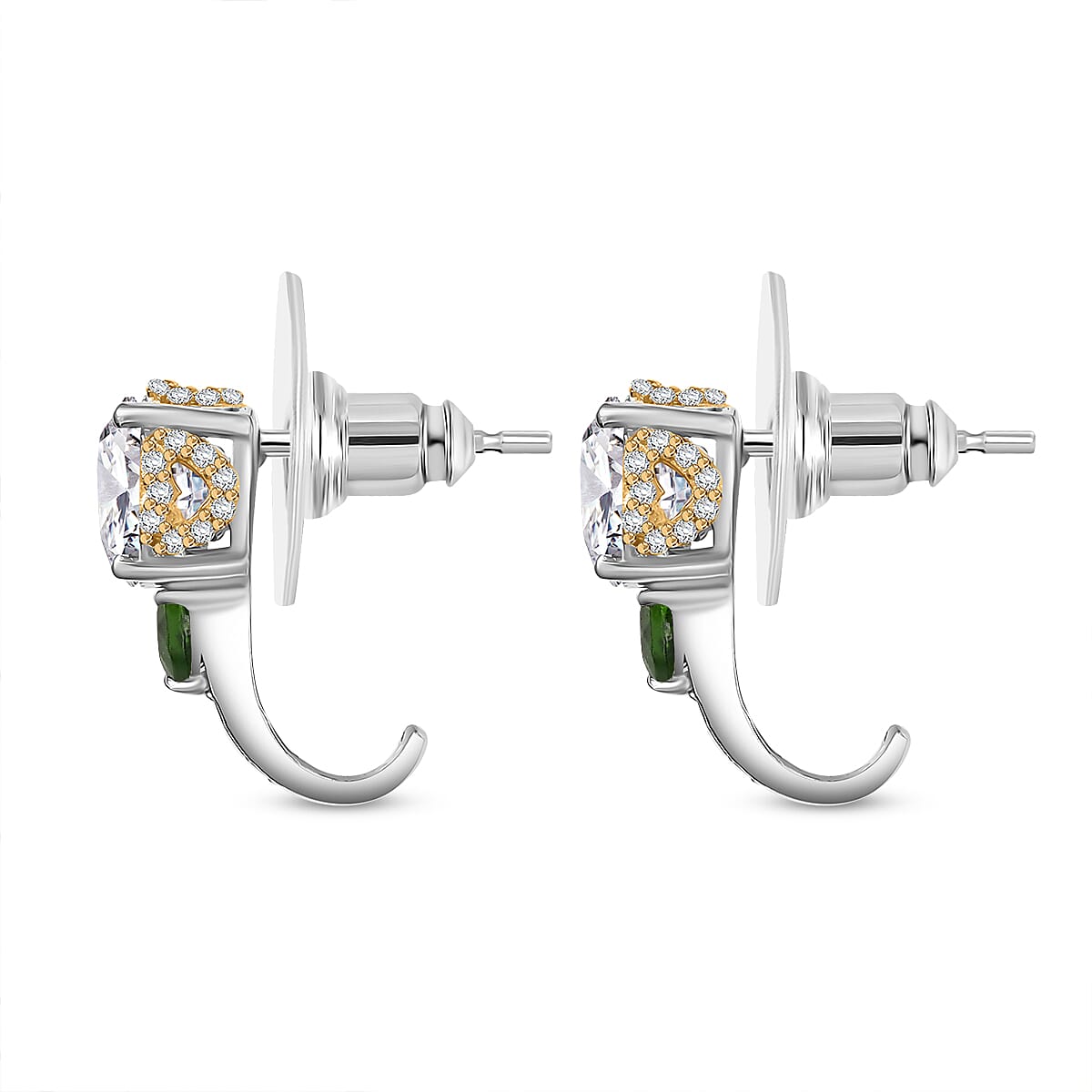 D'Joy Heart and Arrow Cut Moissanite and Chrome Diopside 3.30 ctw J-Hoop Earrings in 18K Vermeil YG and Rhodium Over Sterling Silver image number 4