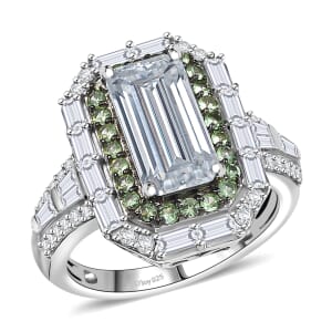 D'Joy Moissanite and Tsavorite Garnet 4.65 ctw Art Deco Ring in Rhodium Over Sterling Silver (Size 10.0)