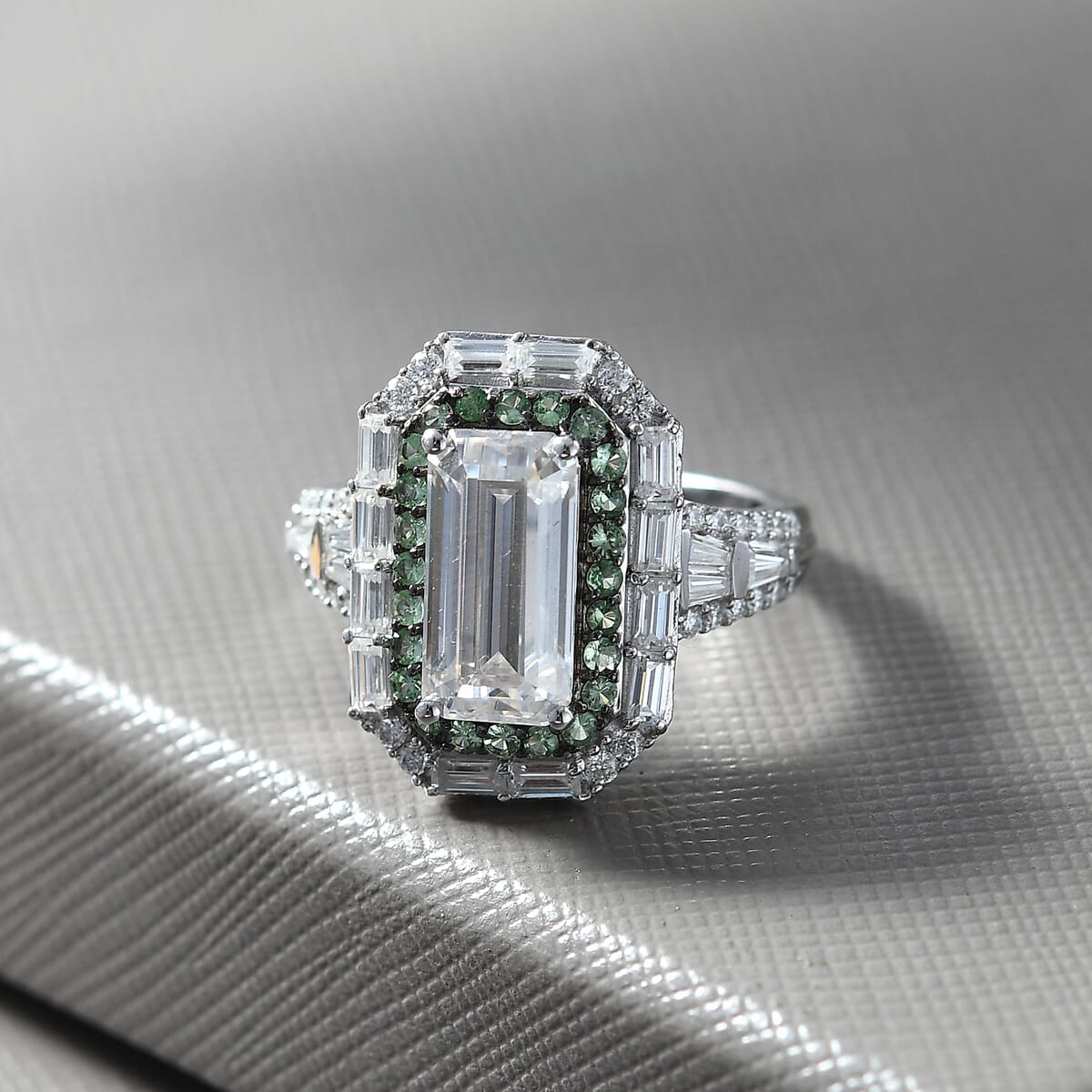 D'Joy Moissanite and Tsavorite Garnet 4.65 ctw Art Deco Ring in Rhodium Over Sterling Silver (Size 10.0) image number 1