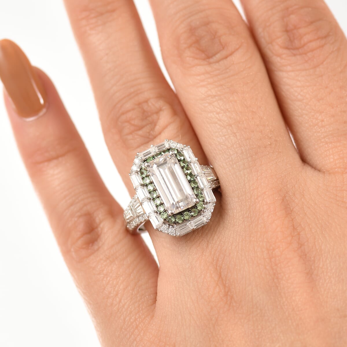 D'Joy Moissanite and Tsavorite Garnet 4.65 ctw Art Deco Ring in Rhodium Over Sterling Silver (Size 10.0) image number 2