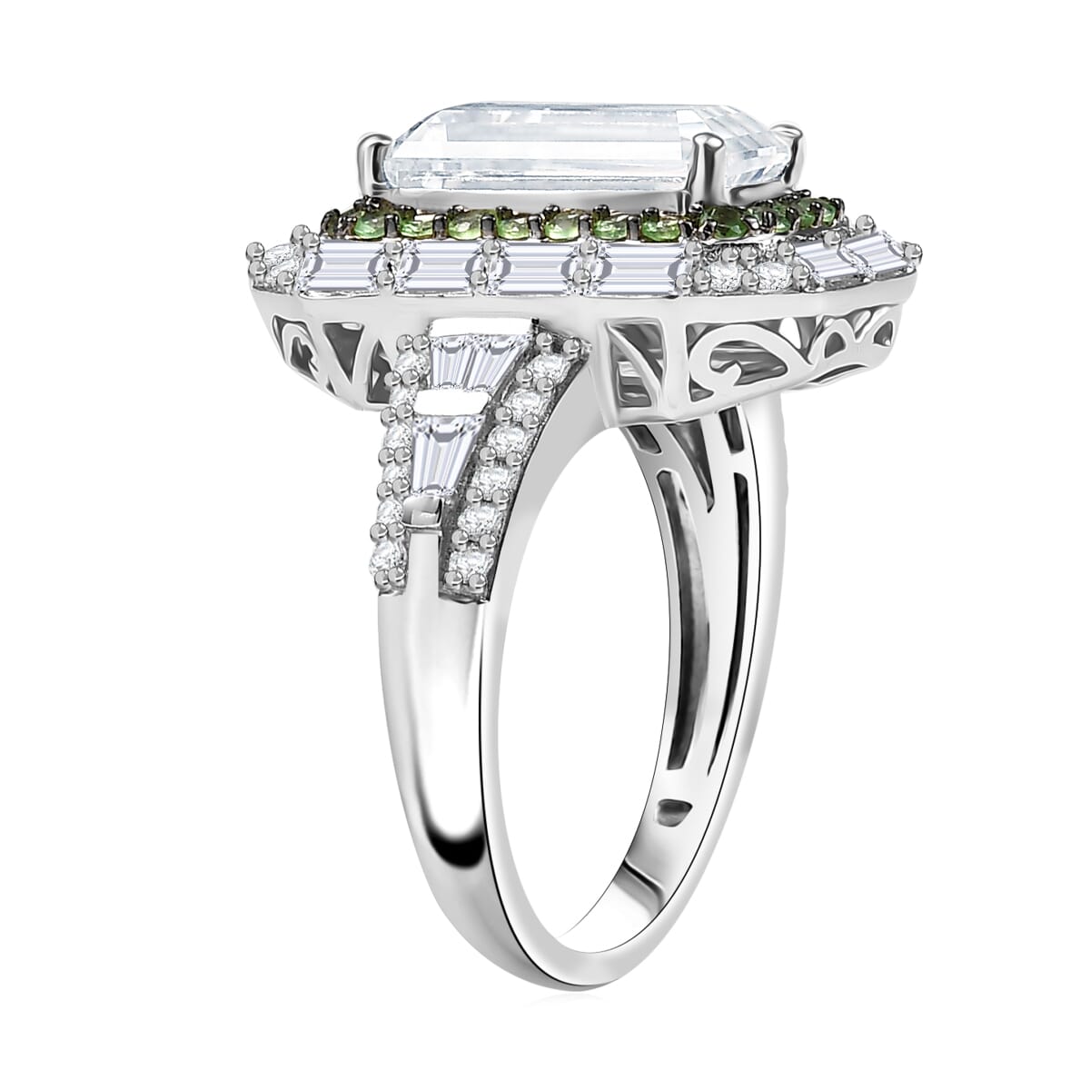 D'Joy Moissanite and Tsavorite Garnet 4.65 ctw Art Deco Ring in Rhodium Over Sterling Silver (Size 10.0) image number 3