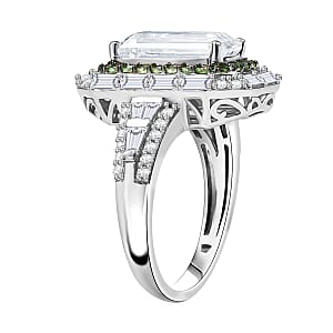 D'Joy Moissanite and Tsavorite Garnet 4.65 ctw Art Deco Ring in Rhodium Over Sterling Silver (Size 6.0)