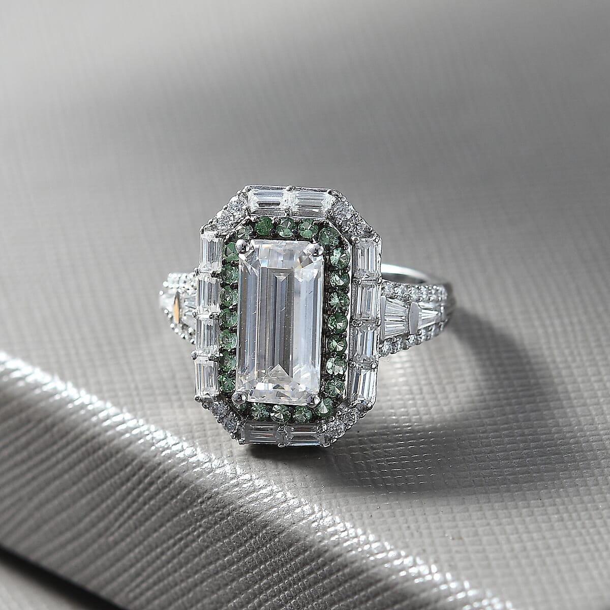 D'Joy Moissanite and Tsavorite Garnet 4.65 ctw Art Deco Ring in Rhodium Over Sterling Silver (Size 7.0) image number 1