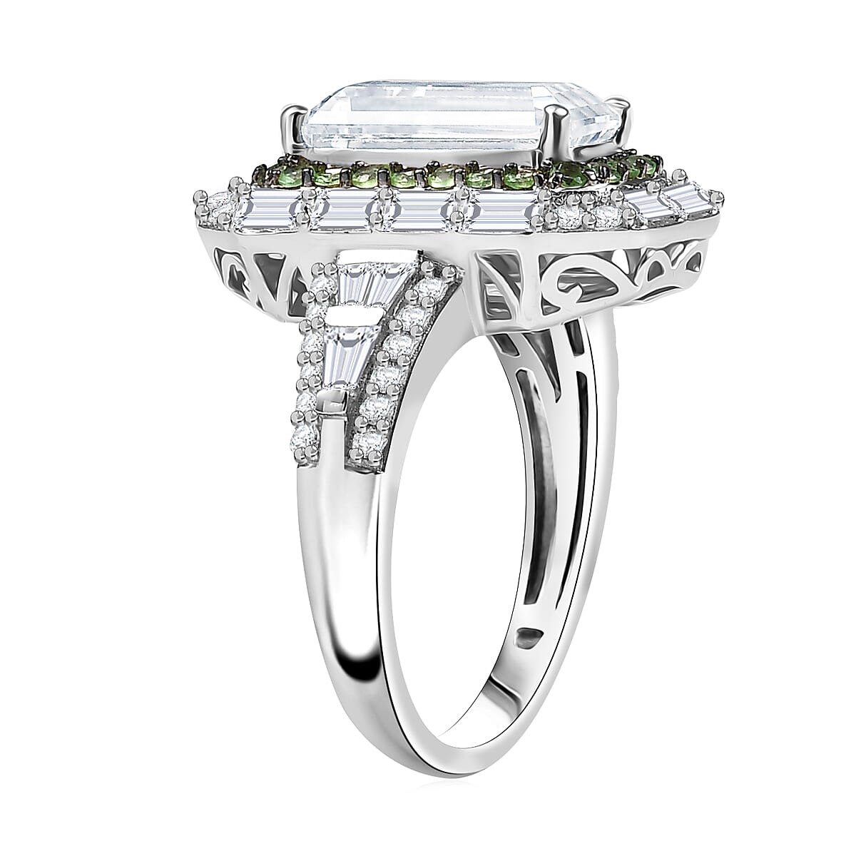 D'Joy Moissanite and Tsavorite Garnet 4.65 ctw Art Deco Ring in Rhodium Over Sterling Silver (Size 7.0) image number 3