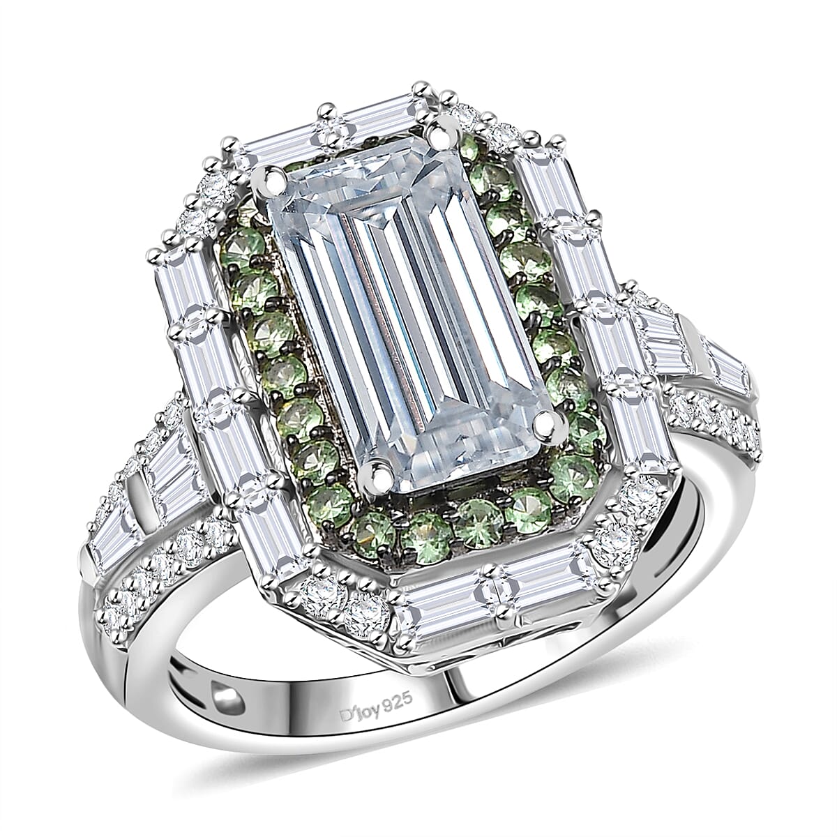 D'Joy Moissanite and Tsavorite Garnet 4.65 ctw Art Deco Ring in Rhodium Over Sterling Silver (Size 9.0) image number 0