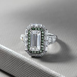 D'Joy Moissanite and Tsavorite Garnet 4.65 ctw Art Deco Ring in Rhodium Over Sterling Silver (Size 9.0)