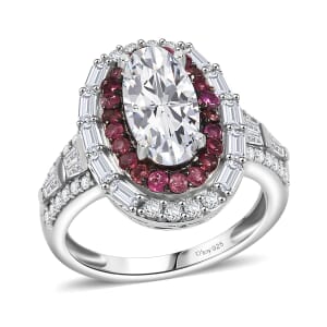 D'Joy Moissanite and Ouro Fino Rubellite 3.85 ctw Art Deco Ring in Rhodium Over Sterling Silver (Size 10.0)