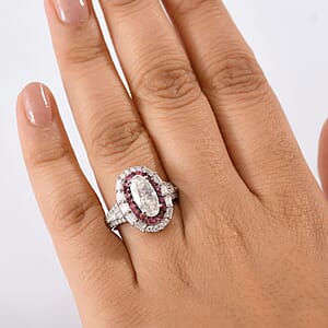 D'Joy Moissanite and Ouro Fino Rubellite 3.85 ctw Art Deco Ring in Rhodium Over Sterling Silver (Size 7.0)