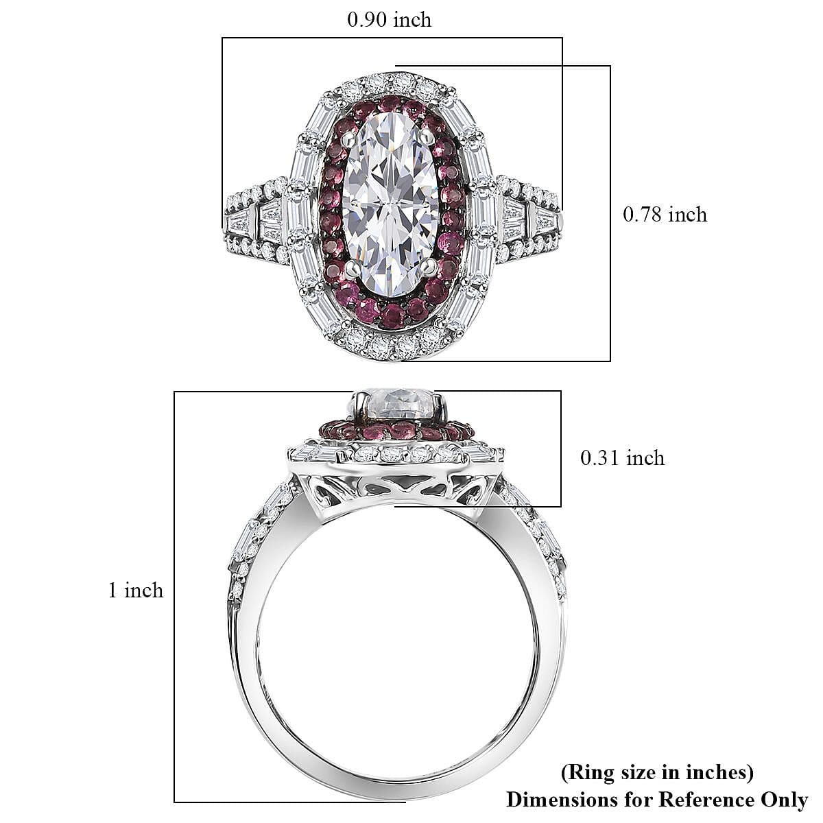 D'Joy Moissanite and Ouro Fino Rubellite 3.85 ctw Art Deco Ring in Rhodium Over Sterling Silver (Size 7.0) image number 5