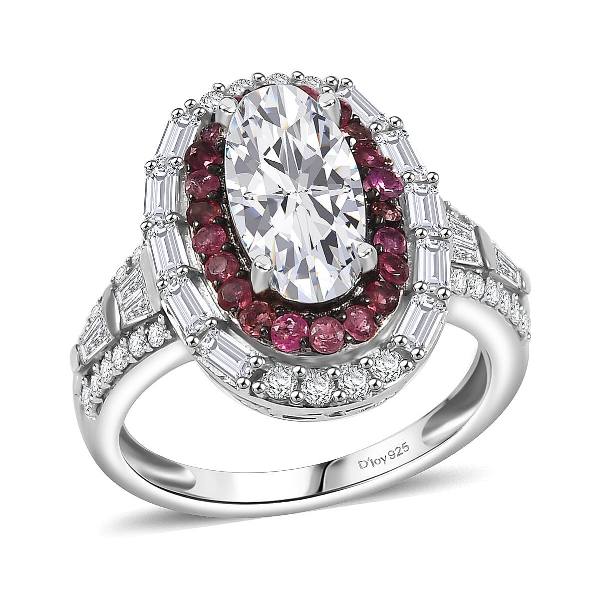 D'Joy Moissanite and Ouro Fino Rubellite 3.85 ctw Art Deco Ring in Rhodium Over Sterling Silver (Size 8.0) image number 0