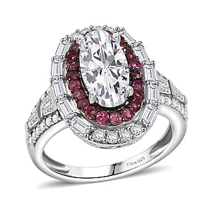 D'Joy Moissanite and Ouro Fino Rubellite 3.85 ctw Art Deco Ring in Rhodium Over Sterling Silver (Size 8.0)