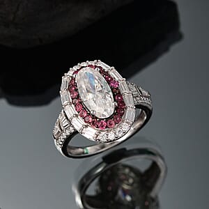 D'Joy Moissanite and Ouro Fino Rubellite 3.85 ctw Art Deco Ring in Rhodium Over Sterling Silver (Size 8.0)