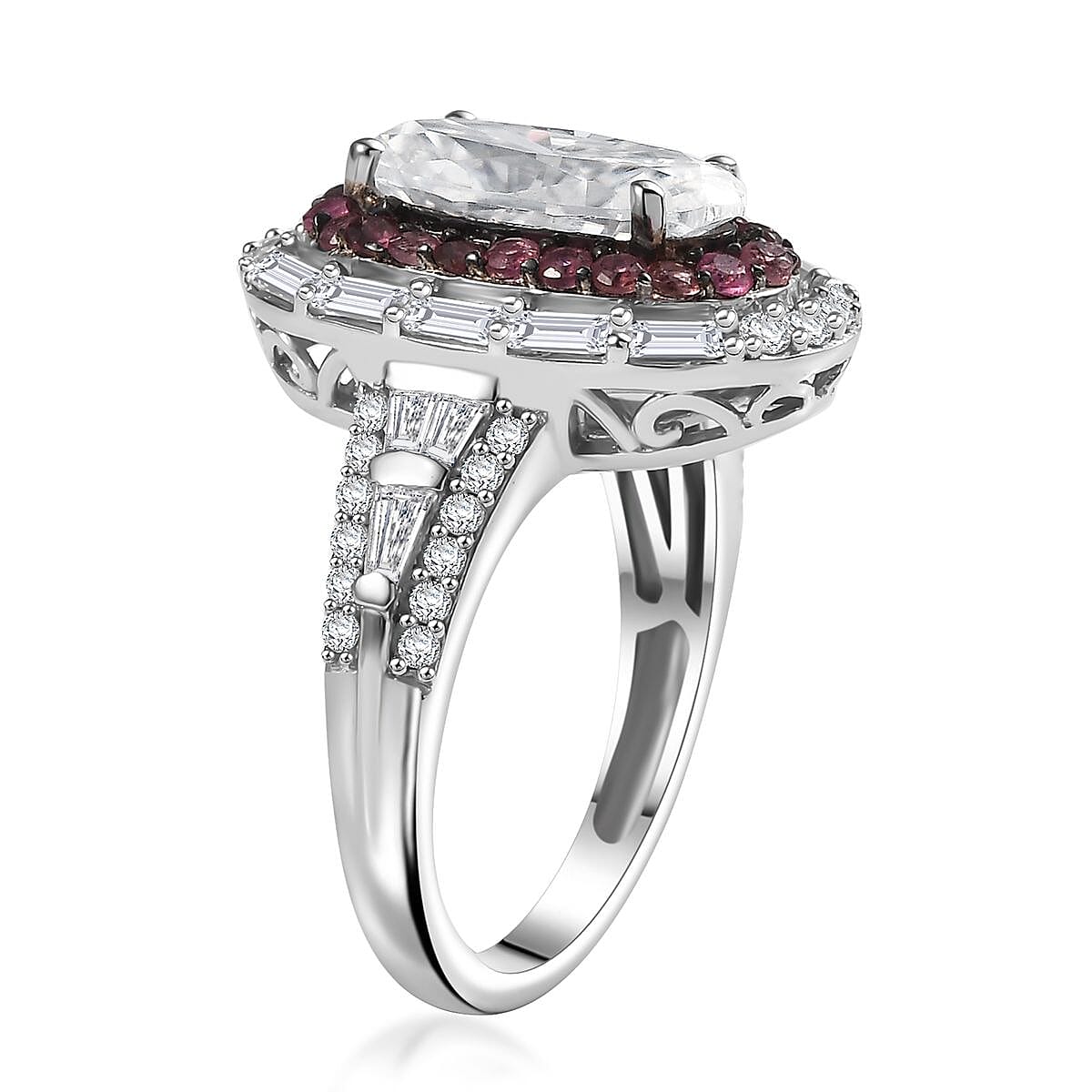 D'Joy Moissanite and Ouro Fino Rubellite 3.85 ctw Art Deco Ring in Rhodium Over Sterling Silver (Size 8.0) image number 3