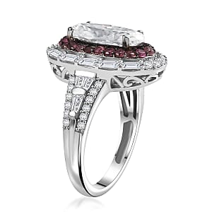 D'Joy Moissanite and Ouro Fino Rubellite 3.85 ctw Art Deco Ring in Rhodium Over Sterling Silver (Size 8.0)