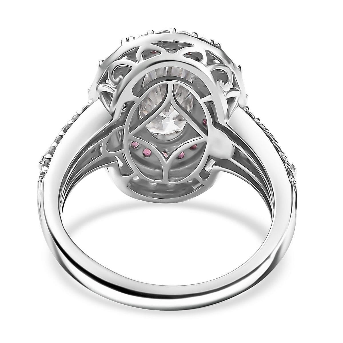 D'Joy Moissanite and Ouro Fino Rubellite 3.85 ctw Art Deco Ring in Rhodium Over Sterling Silver (Size 8.0) image number 4