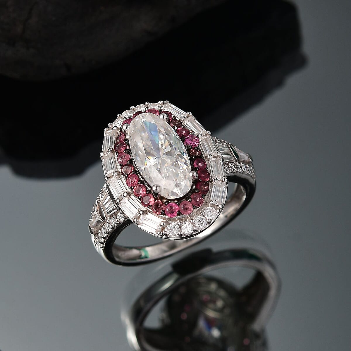 D'Joy Moissanite and Ouro Fino Rubellite 3.85 ctw Art Deco Ring in Rhodium Over Sterling Silver (Size 9.0) image number 1