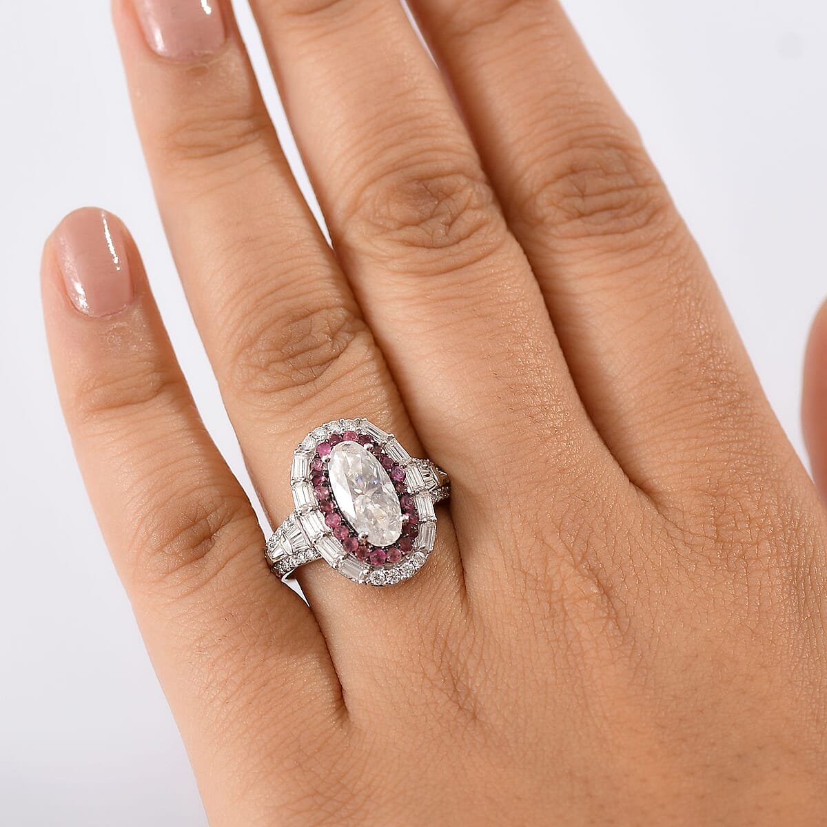 D'Joy Moissanite and Ouro Fino Rubellite 3.85 ctw Art Deco Ring in Rhodium Over Sterling Silver (Size 9.0) image number 2