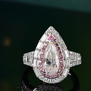 D'Joy Moissanite and Mozambique Pink Sapphire 3.70 ctw Art Deco Ring in Rhodium Over Sterling Silver (Size 10.0)