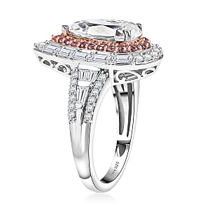 D'Joy Moissanite and Mozambique Pink Sapphire 3.70 ctw Art Deco Ring in Rhodium Over Sterling Silver (Size 10.0)