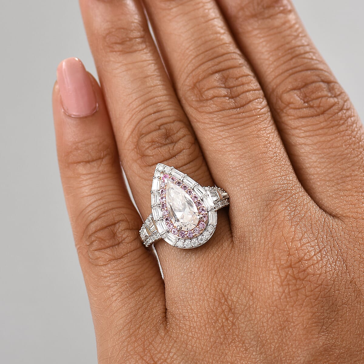 D'Joy Moissanite and Mozambique Pink Sapphire 3.70 ctw Art Deco Ring in Rhodium Over Sterling Silver (Size 6.0) image number 2