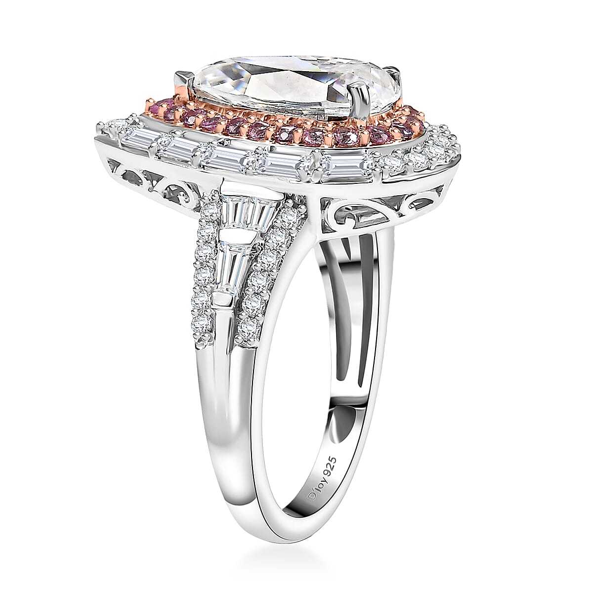 D'Joy Moissanite and Mozambique Pink Sapphire 3.70 ctw Art Deco Ring in Rhodium Over Sterling Silver (Size 6.0) image number 3