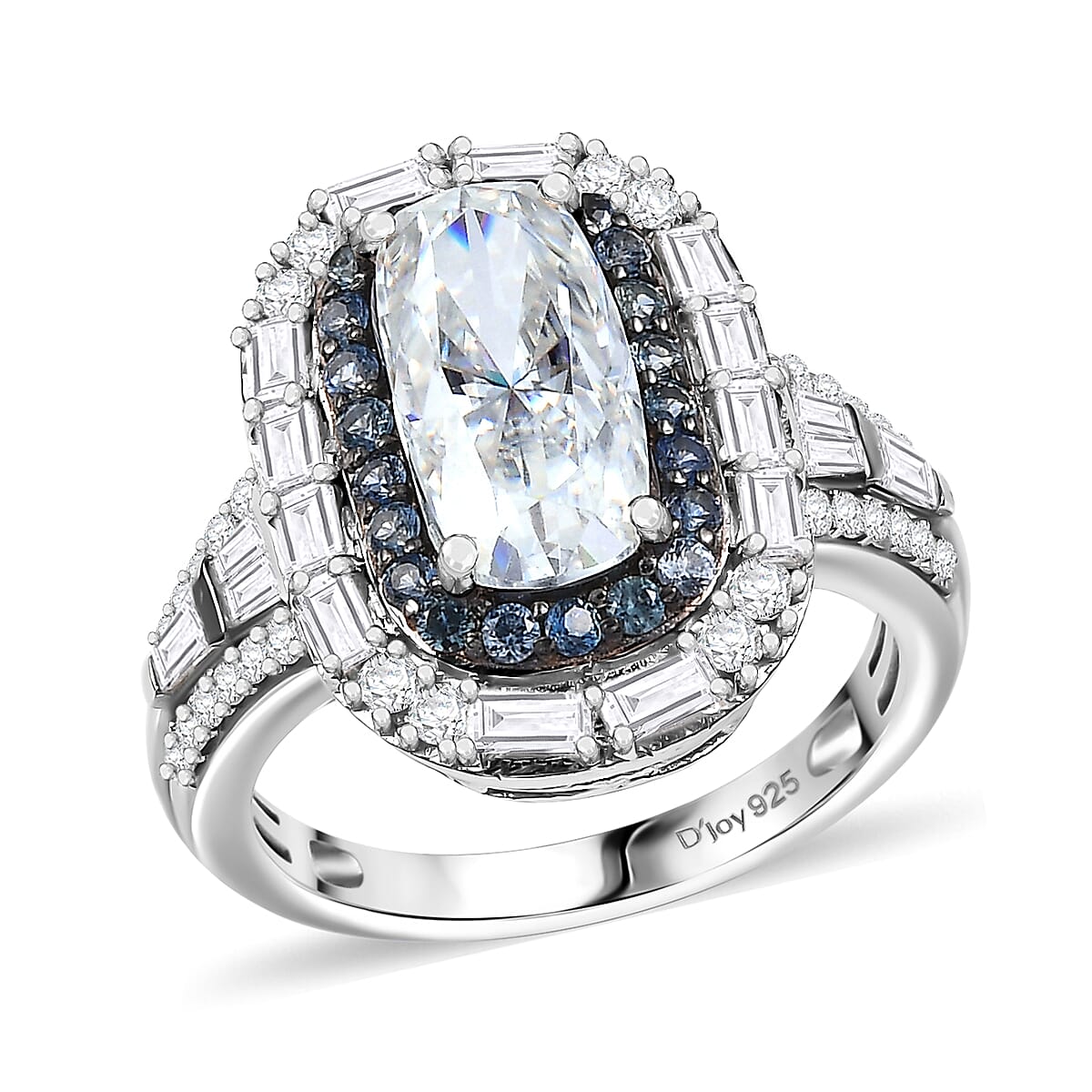 D'Joy Moissanite and Ceylon Blue Sapphire 4.20 ctw Art Deco Ring in Rhodium Over Sterling Silver (Size 10.0) image number 0