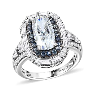 D'Joy Moissanite and Ceylon Blue Sapphire 4.20 ctw Art Deco Ring in Rhodium Over Sterling Silver (Size 10.0)