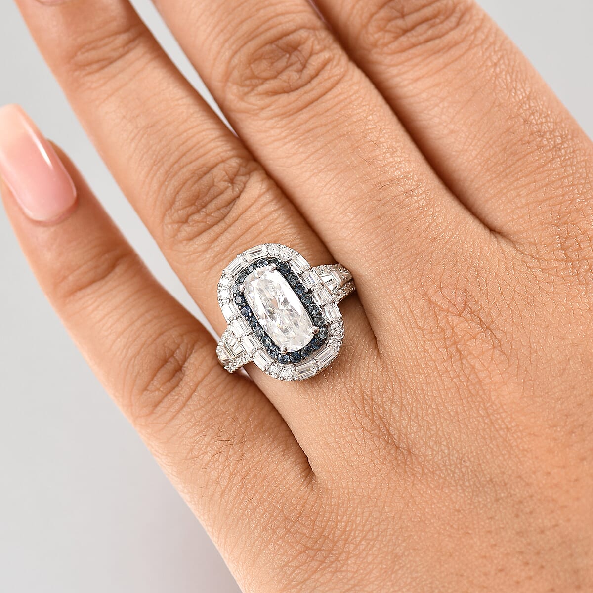 D'Joy Moissanite and Ceylon Blue Sapphire 4.20 ctw Art Deco Ring in Rhodium Over Sterling Silver (Size 10.0) image number 2