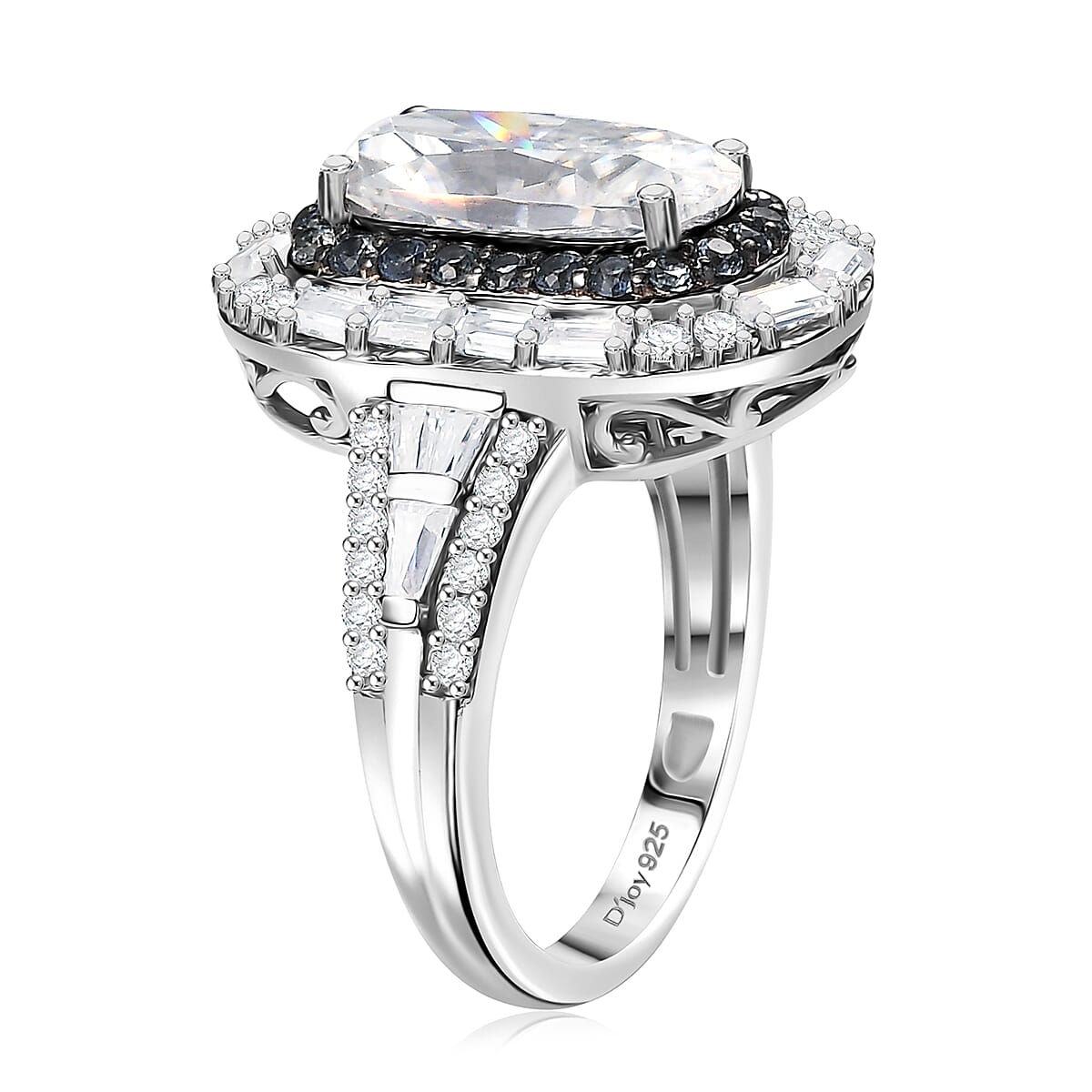 D'Joy Moissanite and Ceylon Blue Sapphire 4.20 ctw Art Deco Ring in Rhodium Over Sterling Silver (Size 6.0) image number 3