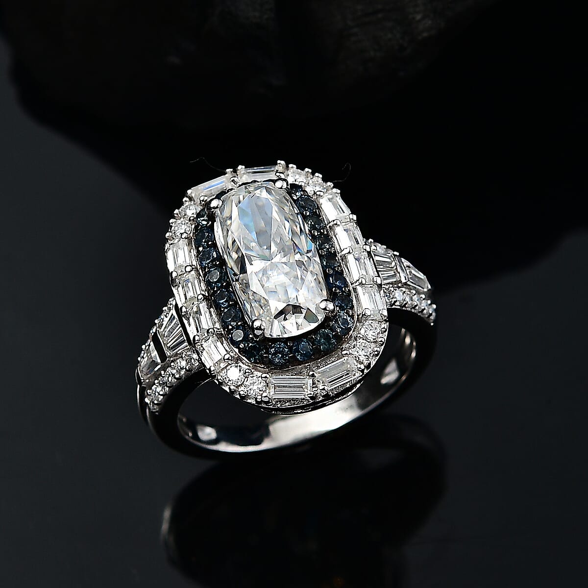 D'Joy Moissanite and Ceylon Blue Sapphire 4.20 ctw Art Deco Ring in Rhodium Over Sterling Silver (Size 8.0) image number 1