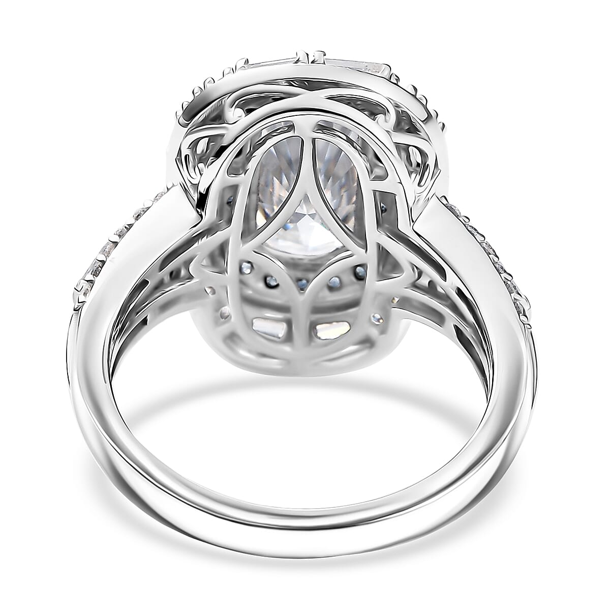 D'Joy Moissanite and Ceylon Blue Sapphire 4.20 ctw Art Deco Ring in Rhodium Over Sterling Silver (Size 9.0) image number 4