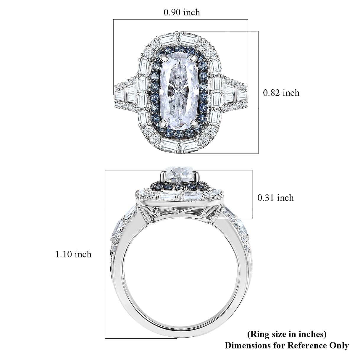 D'Joy Moissanite and Ceylon Blue Sapphire 4.20 ctw Art Deco Ring in Rhodium Over Sterling Silver (Size 9.0) image number 5
