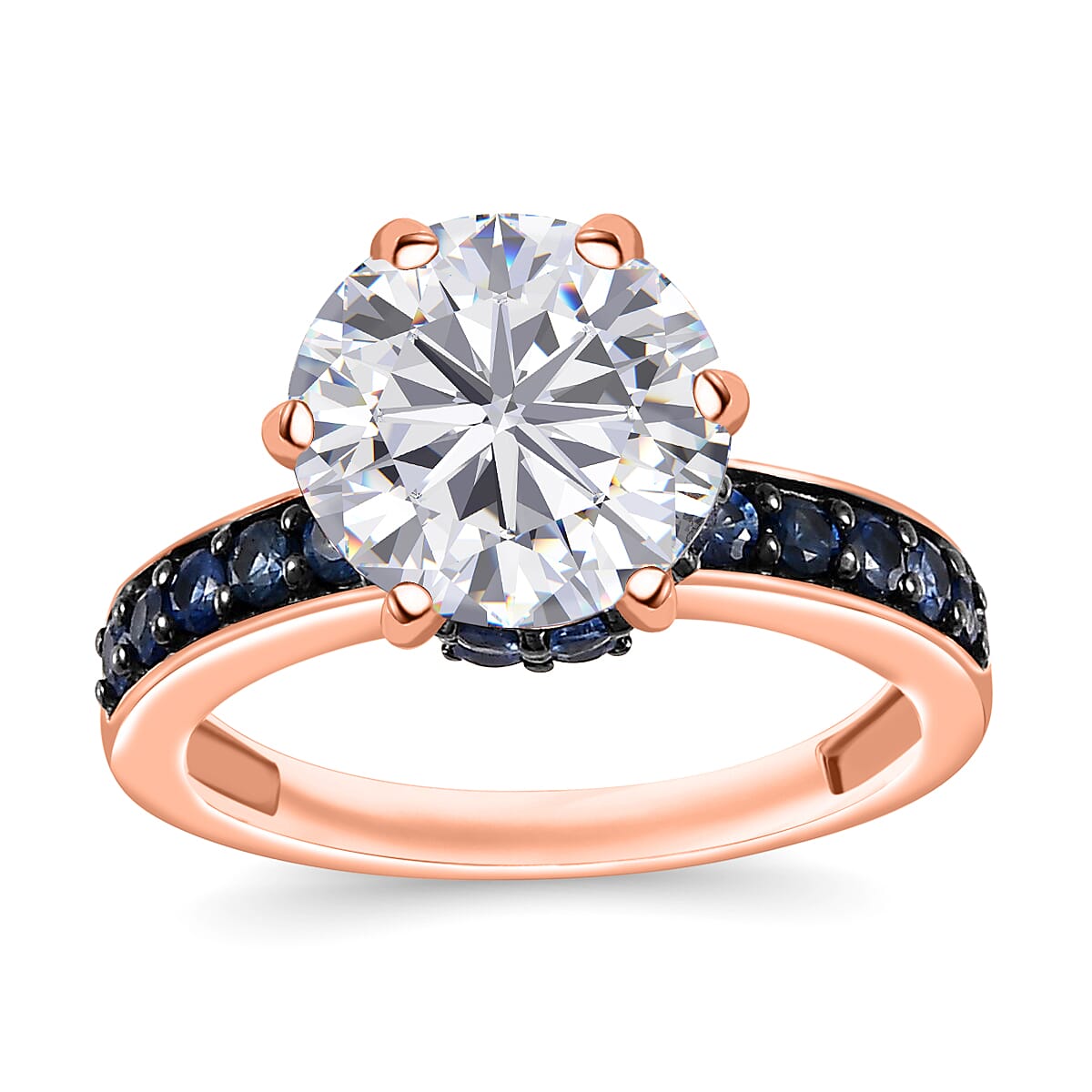 Heart & Arrow Cut Moissanite and Blue Sapphire 4.85 ctw Ring in 18K Vermeil Rose Gold Over Sterling Silver (Size 10.0) image number 0