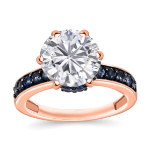 Heart & Arrow Cut Moissanite and Blue Sapphire 4.85 ctw Ring in 18K Vermeil Rose Gold Over Sterling Silver (Size 10.0)