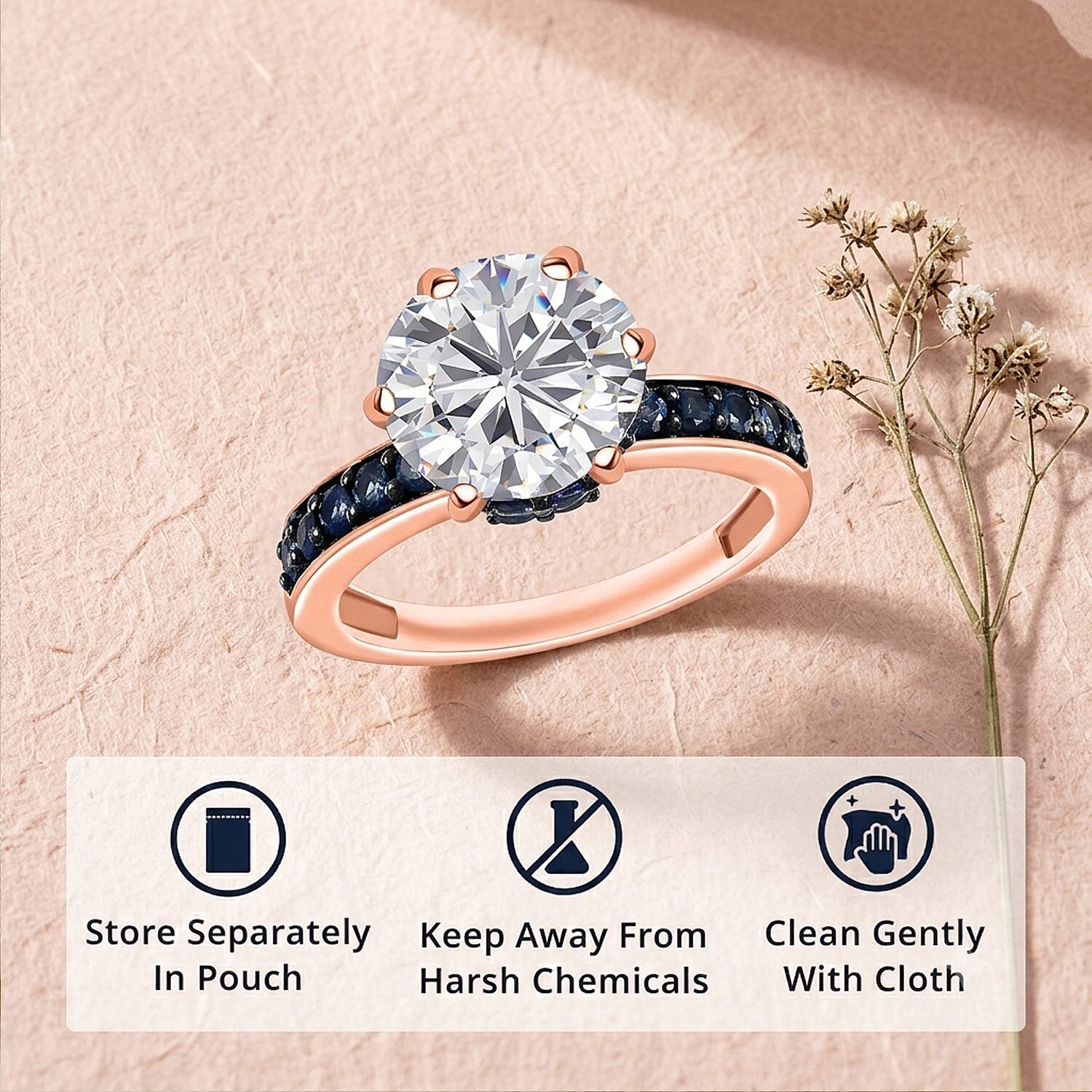 D'Joy Moissanite, Blue Sapphire Ring in 18K Vermeil RG Over Sterling Silver 4.85 ctw (Size 10.0)