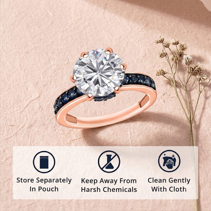 D'Joy Moissanite, Blue Sapphire Ring in 18K Vermeil RG Over Sterling Silver 4.85 ctw (Size 10.0)