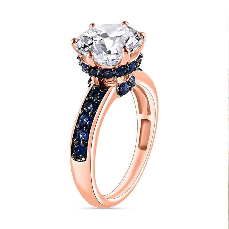 D'Joy Moissanite, Blue Sapphire Ring in 18K Vermeil RG Over Sterling Silver 4.85 ctw (Size 10.0)
