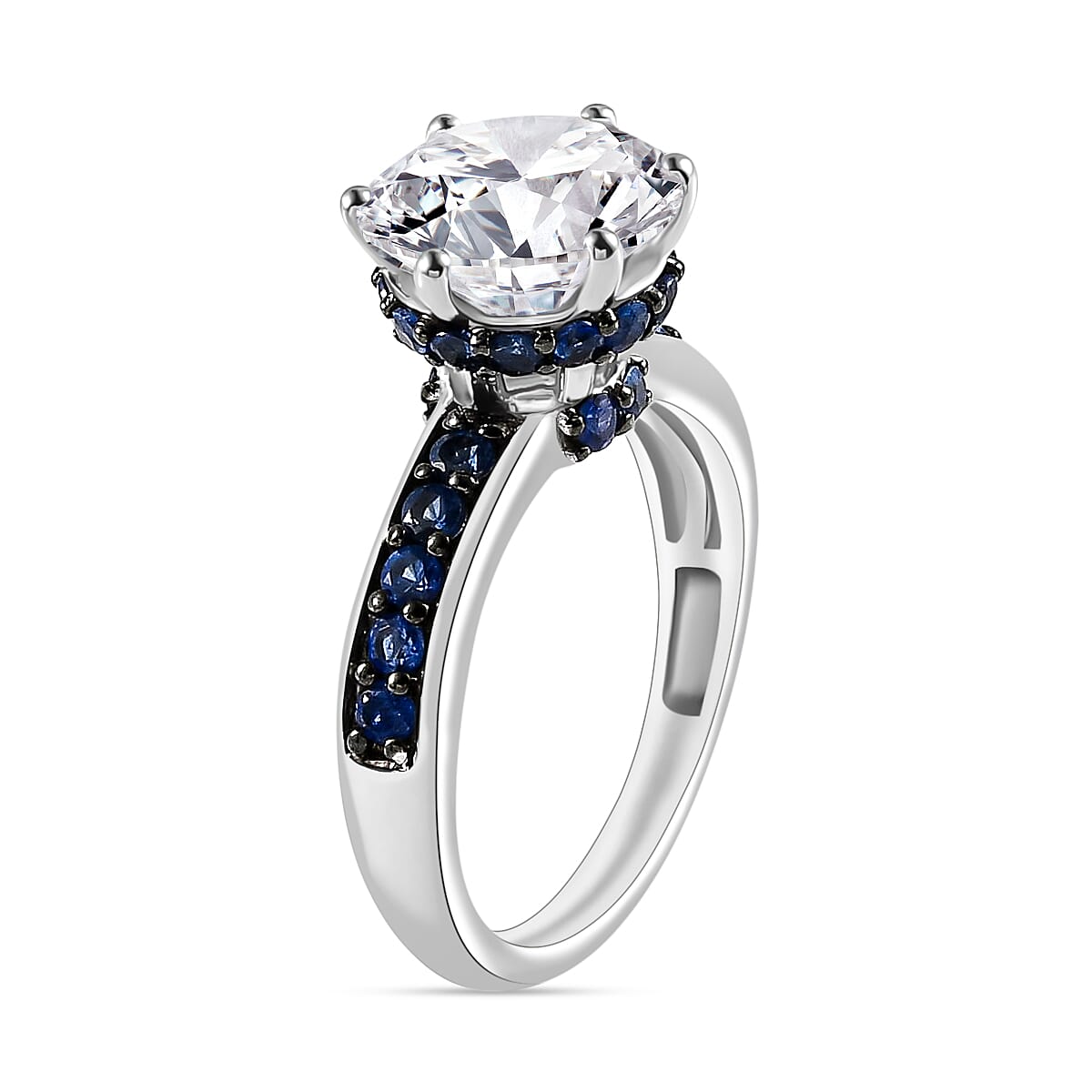 D'Joy Heart & Arrow Cut Moissanite and Blue Sapphire 4.85 ctw Ring in Rhodium Over Sterling Silver (Size 10.0) (Del. in 10-12 Days) image number 2