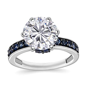 Heart & Arrow Cut Moissanite and Blue Sapphire 4.85 ctw Ring in Rhodium Over Sterling Silver (Size 7.0)