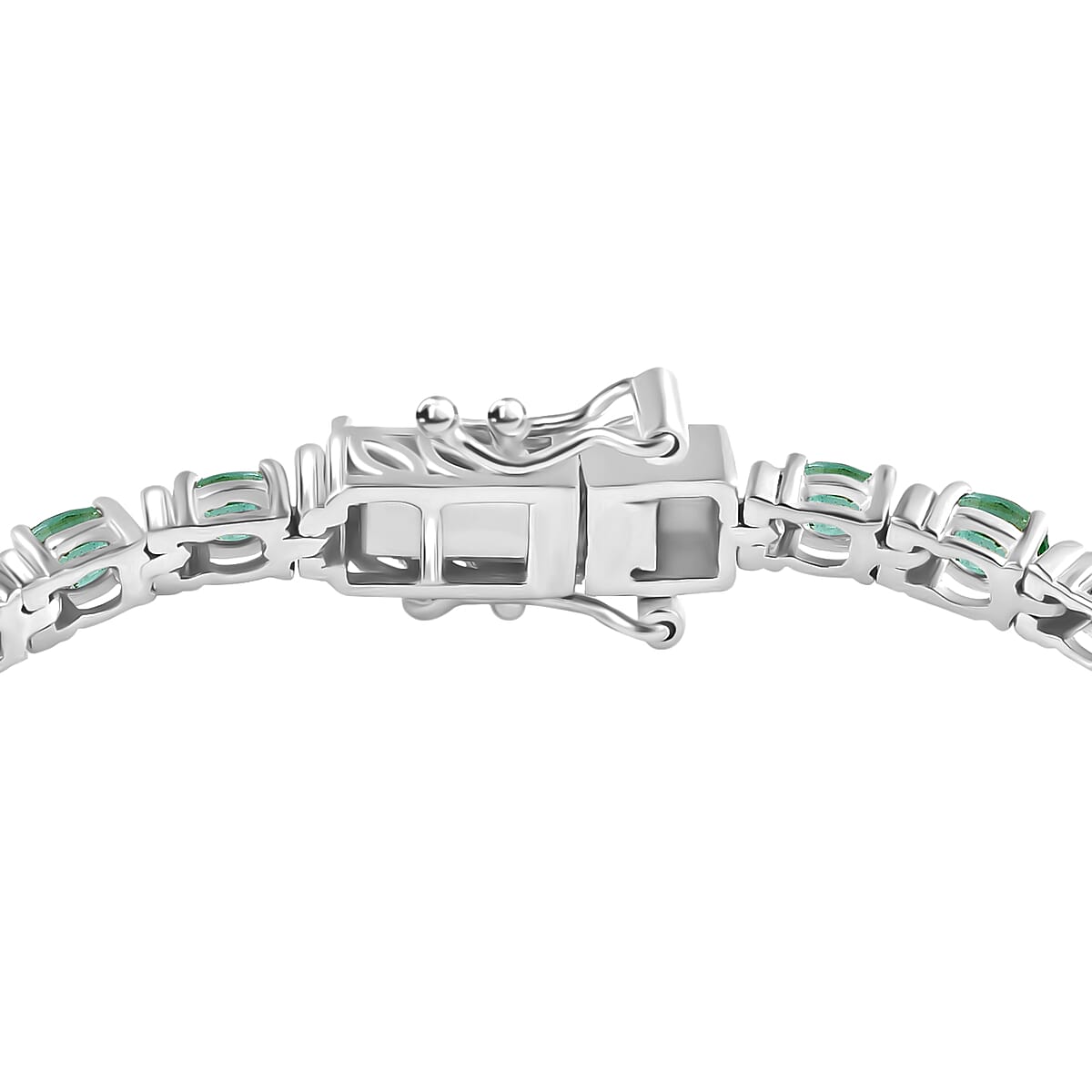 D'Joy Premium Kagem Zambian Emerald 5.10 ctw Tennis Bracelet in Rhodium Over Sterling Silver (7.25 In) (Del. in 10-12 Days) image number 2