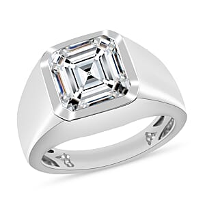 D'Joy Asscher Cut Moissanite 5.20 ctw Mens Ring in Rhodium Over Sterling Silver (Size 14.0)