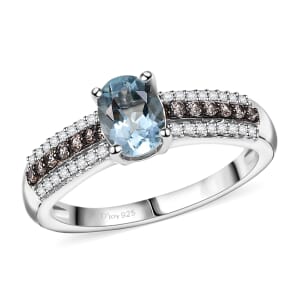 D'Joy Premium Mangoro Aquamarine, White and Coffee Zircon 1.00 ctw Ring in Rhodium Over Sterling Silver (Size 5.0)