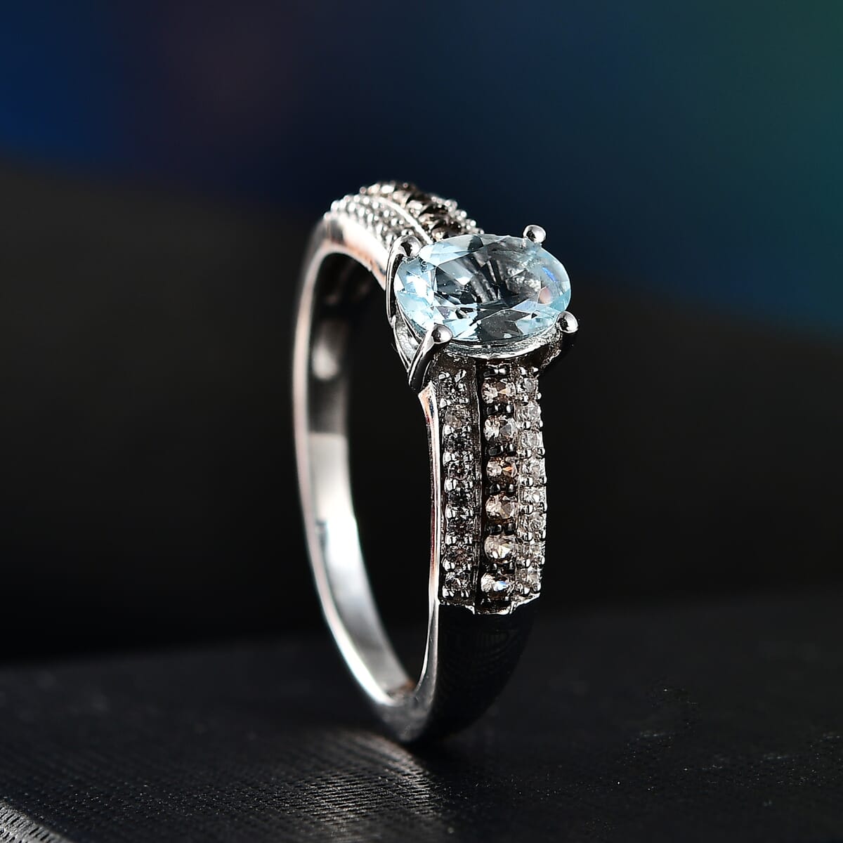 D'Joy Premium Mangoro Aquamarine, White and Coffee Zircon 1.00 ctw Ring in Rhodium Over Sterling Silver (Size 5.0) image number 1