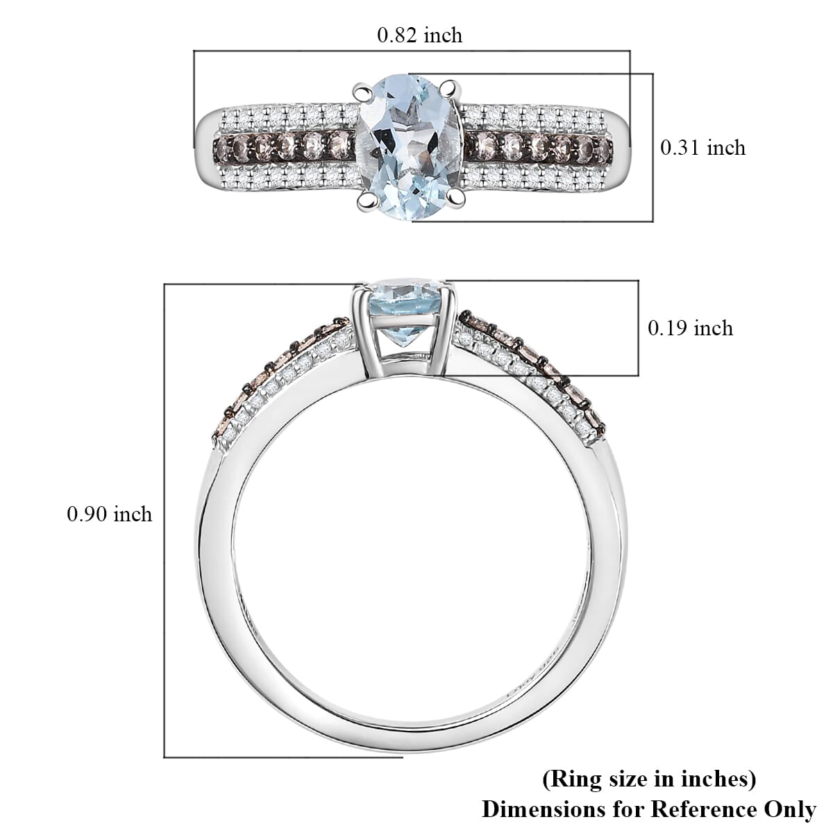 D'Joy Premium Mangoro Aquamarine, White and Coffee Zircon 1.00 ctw Ring in Rhodium Over Sterling Silver (Size 5.0) image number 5